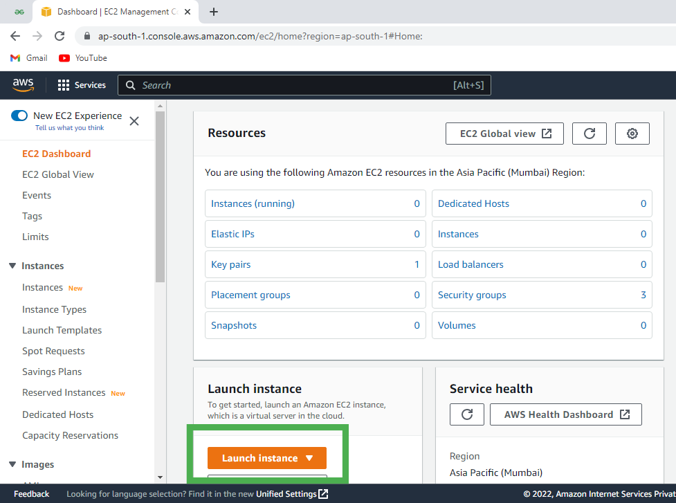 Panel de AWS EC2 para lanzar una nueva instancia